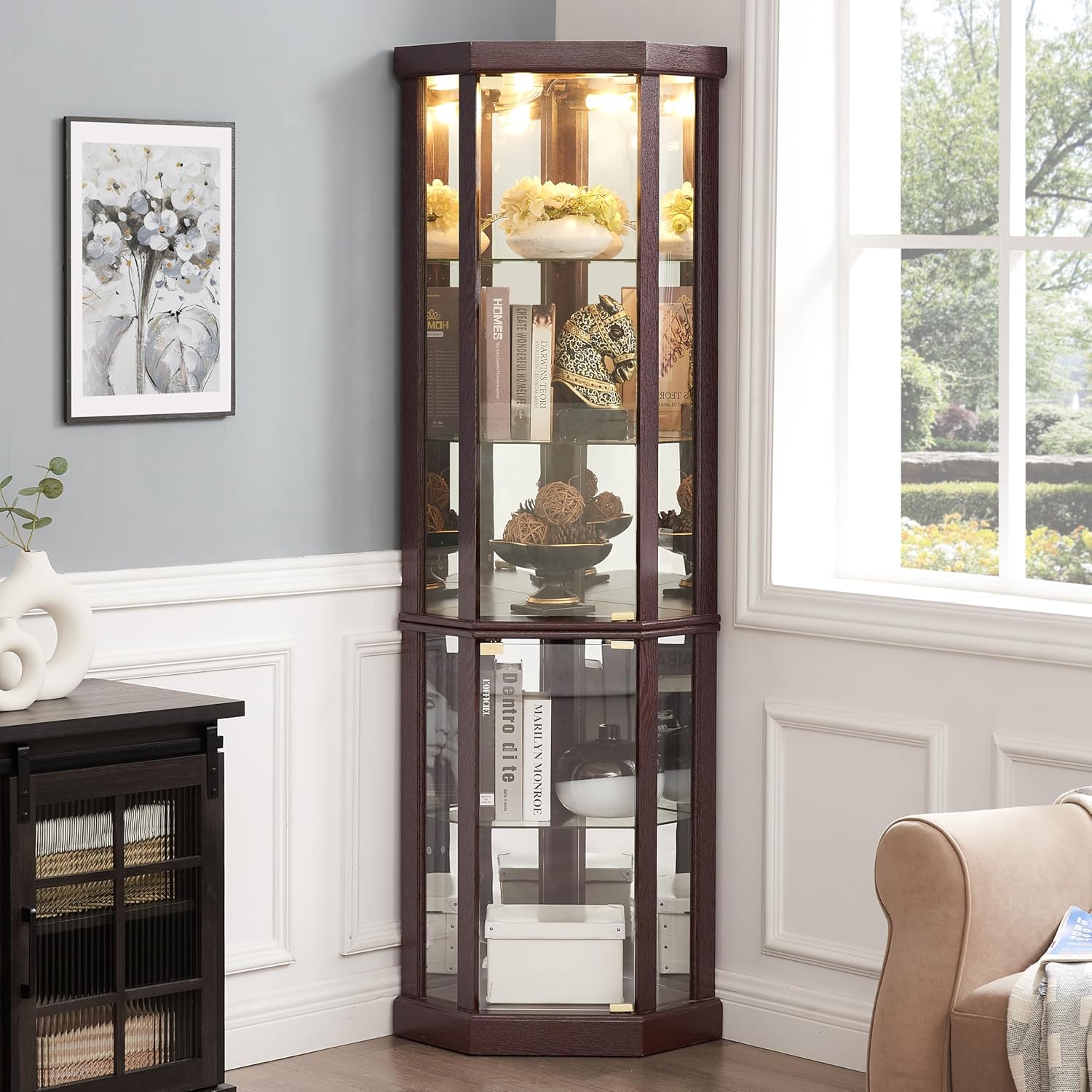 69' H Lighted Curio Cabinet Corner Display Case,Corner Glass Cabinets with Tempered Glass Door and Adjustable Shelves,Wooden Curio Cabinet with Mirrored Back Pane (Style 1 - Dark Cherry)