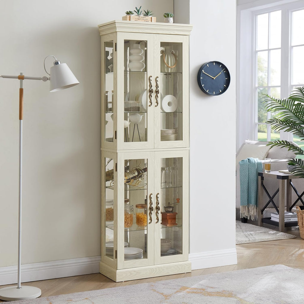 Ball & Cast Lighted Curio Cabinet,6-Tier Glass Display Cabinet with Adjustable Glass Shelves and Mirrored Back Panel for Living Room,Pantry Light Bulb Included,Antique White