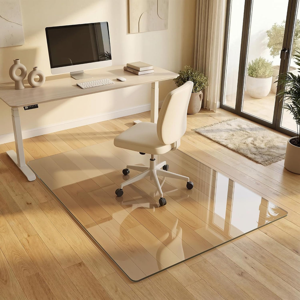 Tempered Glass Chair Mat for Hardwood Floor, 46' x 55' Heavy Duty Glass Office Chair Mat, for Low Pile Carpet, 0.2' Thick with 4 Non-Slip Pads, Smooth Rolling for Home & Office