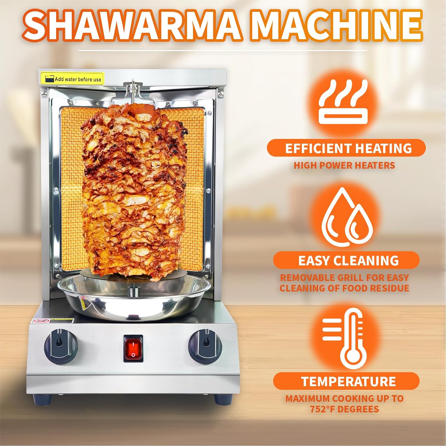 Shawarma Grill Machine - 15 lbs Capacity, Gas Vertical Rotisserie with 2 Burner, Stainless Steel Rotating Doner Kebab Gyro Meat Machine for Home, Kitchen