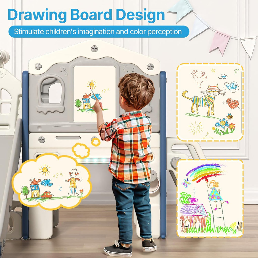 BIERUM 9 in 1 Toddler Slide Set - Baby Slide for Toddlers 1-3 with Colorful Lights, Drawing Board and Building Blocks Board, Indoor Outdoor Toddler Playset Playground, Blue Gray