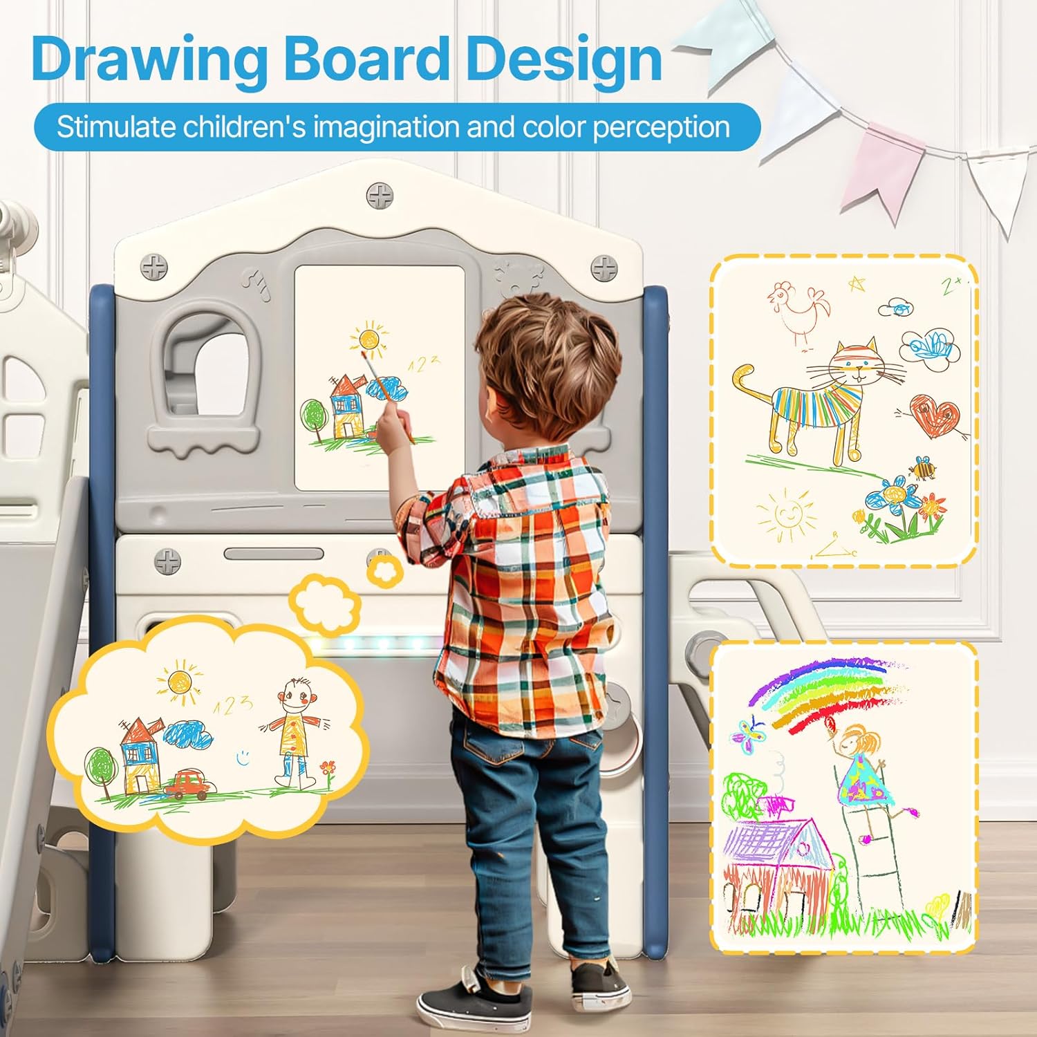BIERUM 9 in 1 Toddler Slide Set - Baby Slide for Toddlers 1-3 with Colorful Lights, Drawing Board and Building Blocks Board, Indoor Outdoor Toddler Playset Playground, Blue Gray