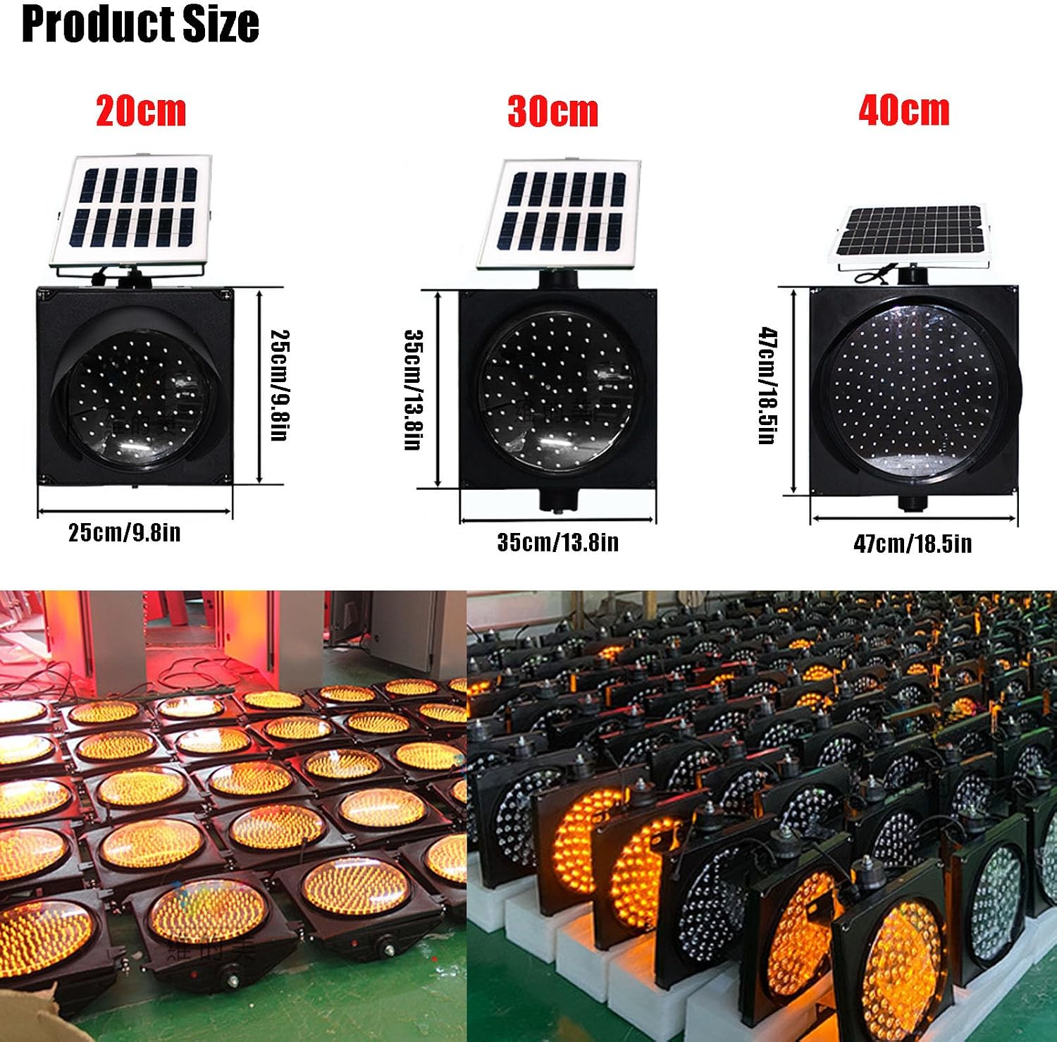 Solar Traffic Signal Light - Yellow Flashing Warning Sign, IP65 Waterproof Emergency Lamp for Road Safety, Available in 20cm, 30cm, 40cm Sizes - Durable PC Shell