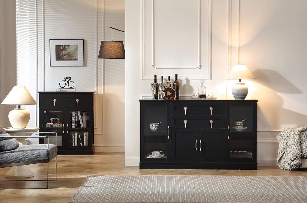FOREST GRAVITY 58.27'' Buffet Cabinet with 2 Drawers,LED and Adjustable Shelves,Large Glass Door Coffee Bar Cabinet with Storage,Modern Farmhouse Sideboard Credenza for Kitchen,Black