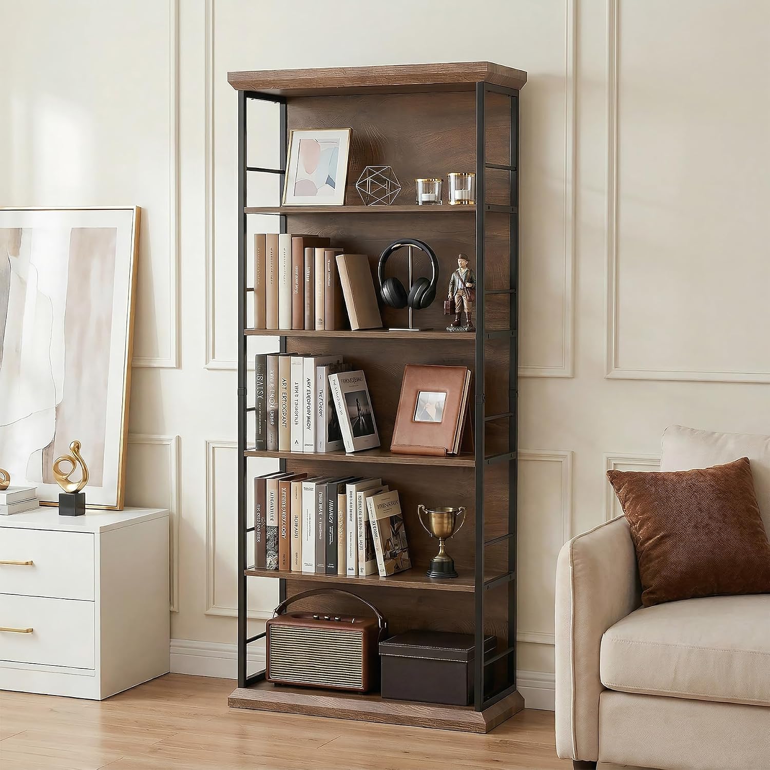 LITTLE TREE 5-Tier Bookcase, 72 Inches Farmhouse Wooden Bookshelf, Free-Standing Display Storage Shelves for Home Office, Living Room, Kitchen Room, Brown