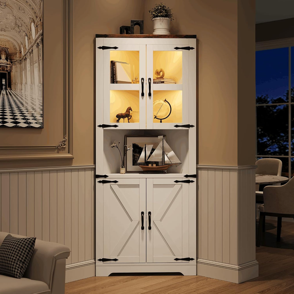 GarveeHome 67 in Tall Corner Storage Cabinet with Lights, Farmhouse Corner Hutch Display Cabinet with Glass Doors, Wooden Storage Organizer for Kitchen, Living Room, Bathroom, White