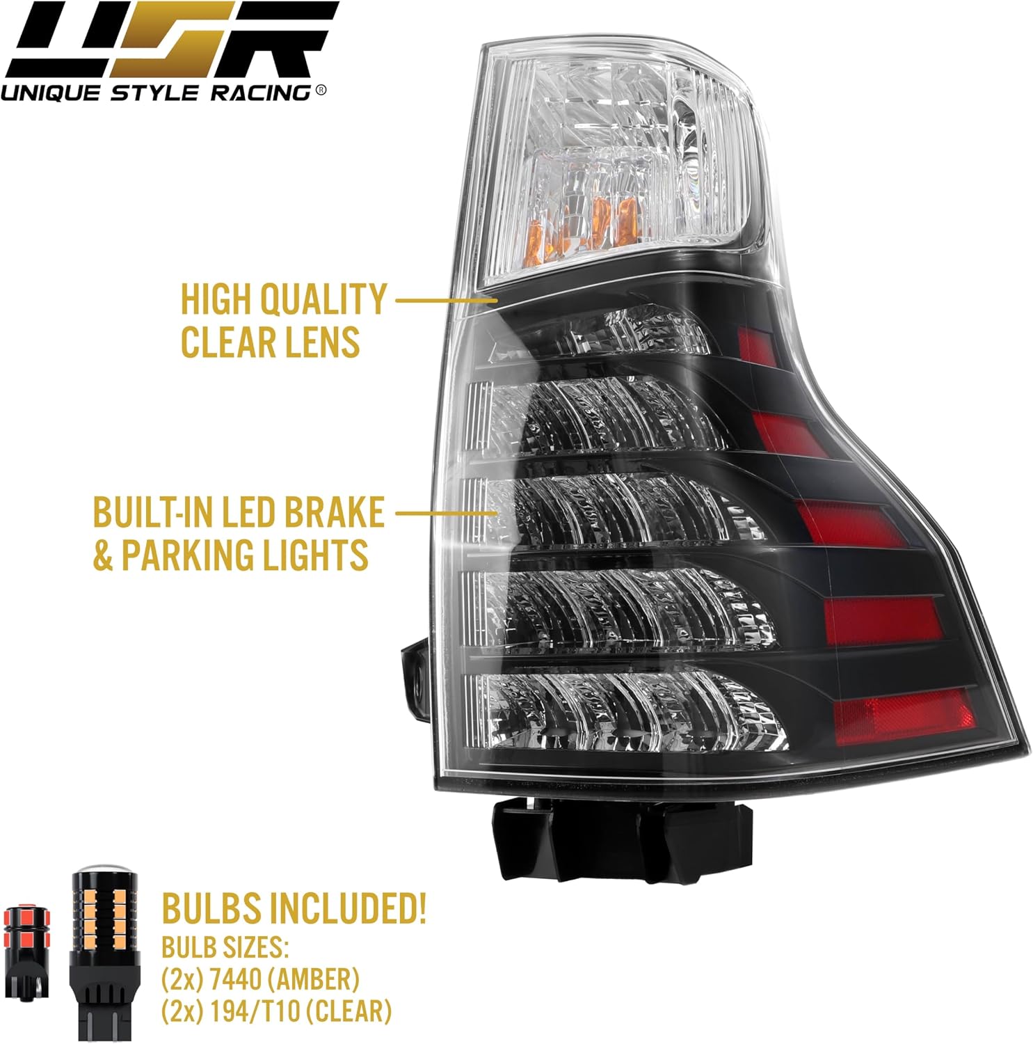 USR 10-23 9700 SUV Tail Light – with 4 LED Bulb Upgrade (Left + Right) Pair - Compatible with 2010-2023 Lexus GX460 All Models (OE F-SPORT STYLE BLACK HOUSING TAIL LIGHTS w/WIRE HARNESS & LED BULBS)