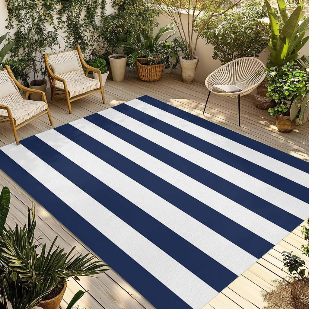 Outdoor Rug 4x6ft Nautical Striped Navy Blue and White Patio Area Rugs Waterproof Easy Cleaning Non Shedding Thick Mats Stripes Carpet for Indoor Outdoor Porch Deck Backyard Balcony