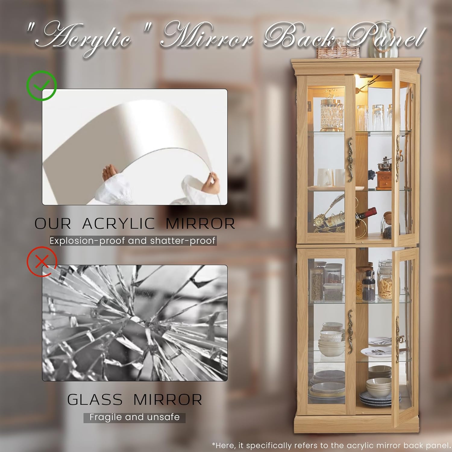 Lighted Curio Cabinet 71' Vintage Glass Display Case with Adjustable Shelves, 4 Tempered Glass Doors, Bulb Included, Wooden Square Wine Bar China Cabinet for Living Room Liquor Storage (Light Oak)