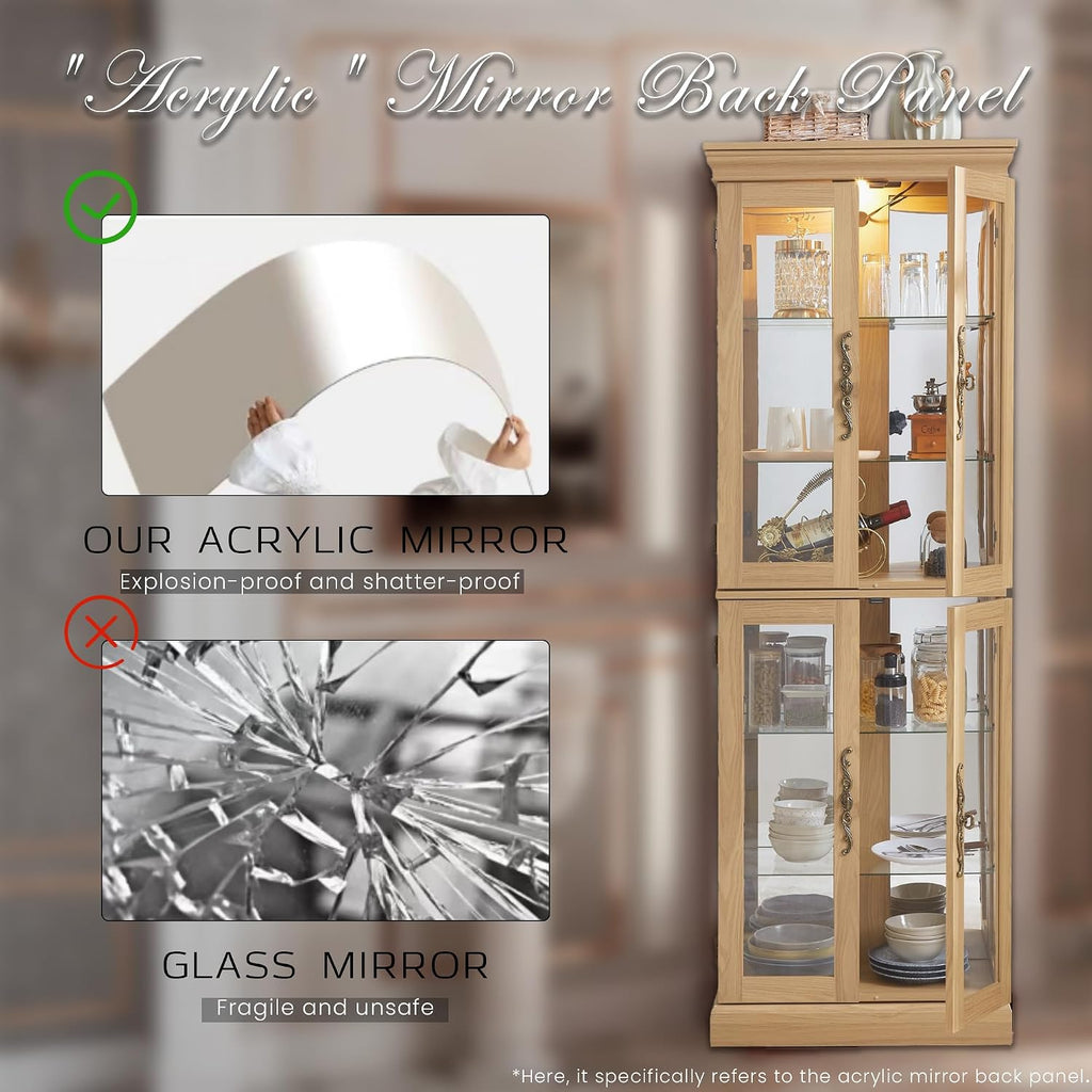 71' Lighted Curio Cabinet with 6 Adjustable Shelves, Vintage Glass Display Case, Tempered Glass Doors, Tall Wine Bar Cabinet for Living Room Liquor Storage, Bulb Included