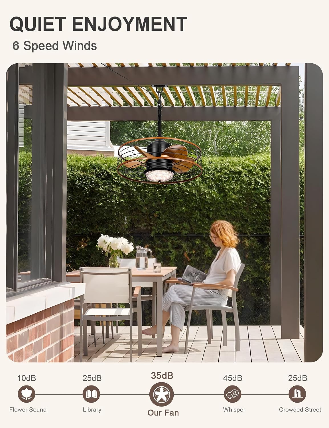 Dawn Whisper 20' Outdoor Ceiling Fans with Lights Gazebo Fan Waterproof for Patio Hanging with Plug In Cord Caged Ceiling Fans for Pergola Porch