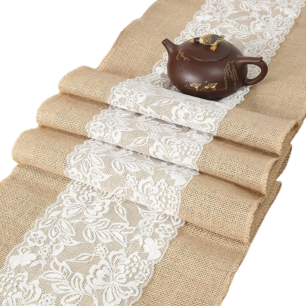 Table Runner RENRUIRUI- 10 Pack Burlap Lace for Rustic Farmhouse Style Wedding Banquet Birthday Party Table Decor,12 X 108 Inch