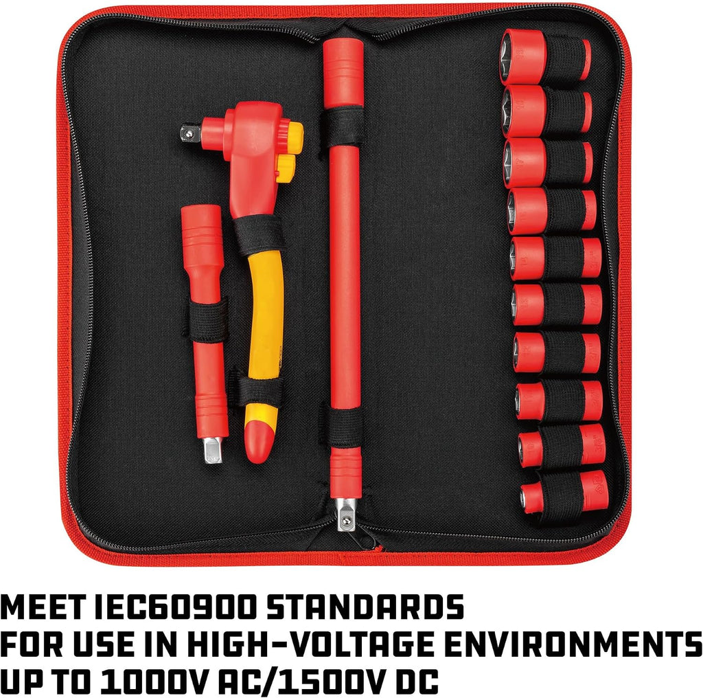 Powerbuilt 13-Piece VDE Tool Set, Insulated Ratchet, Sockets, Extensions, High-Voltage Electrical and Hybrid Vehicles, Home Repair - 642937