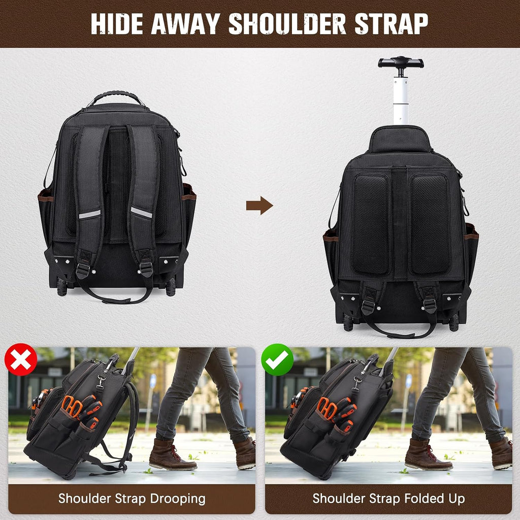 Rolling Tool Backpack Heavy Duty, 43 Pockets Tool Backpack with Wheels, Rolling Tool Bags for Men with Retractable Handle, 1680D Tool Bag with Wheels for Electrician Construction Worker Mechanic HVAC