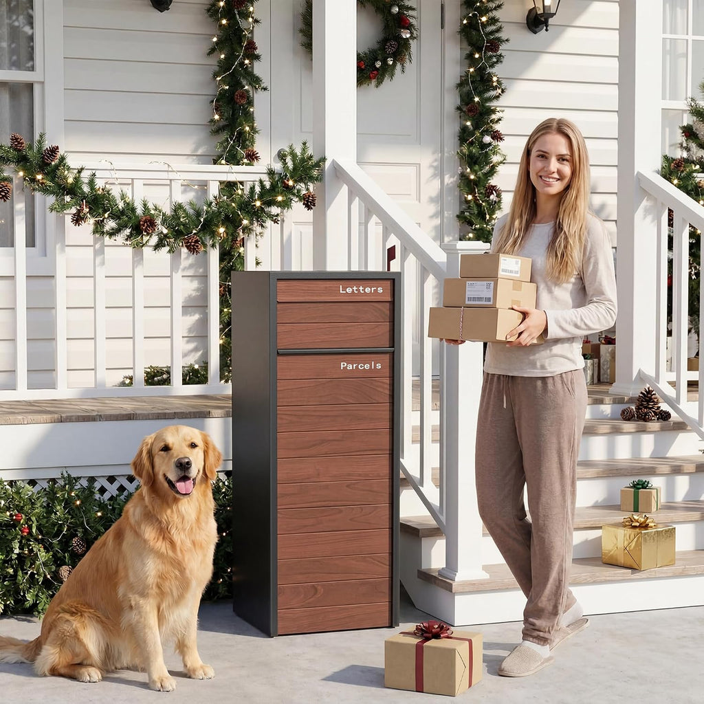 Merapi Large Parcel Drop Box for Outside – Fully Assembled Package Delivery Box with Rear Access – Weather-Resistant Galvanized Steel Locking Mailbox for Porch & Curbside (Oak-Grain Steel)