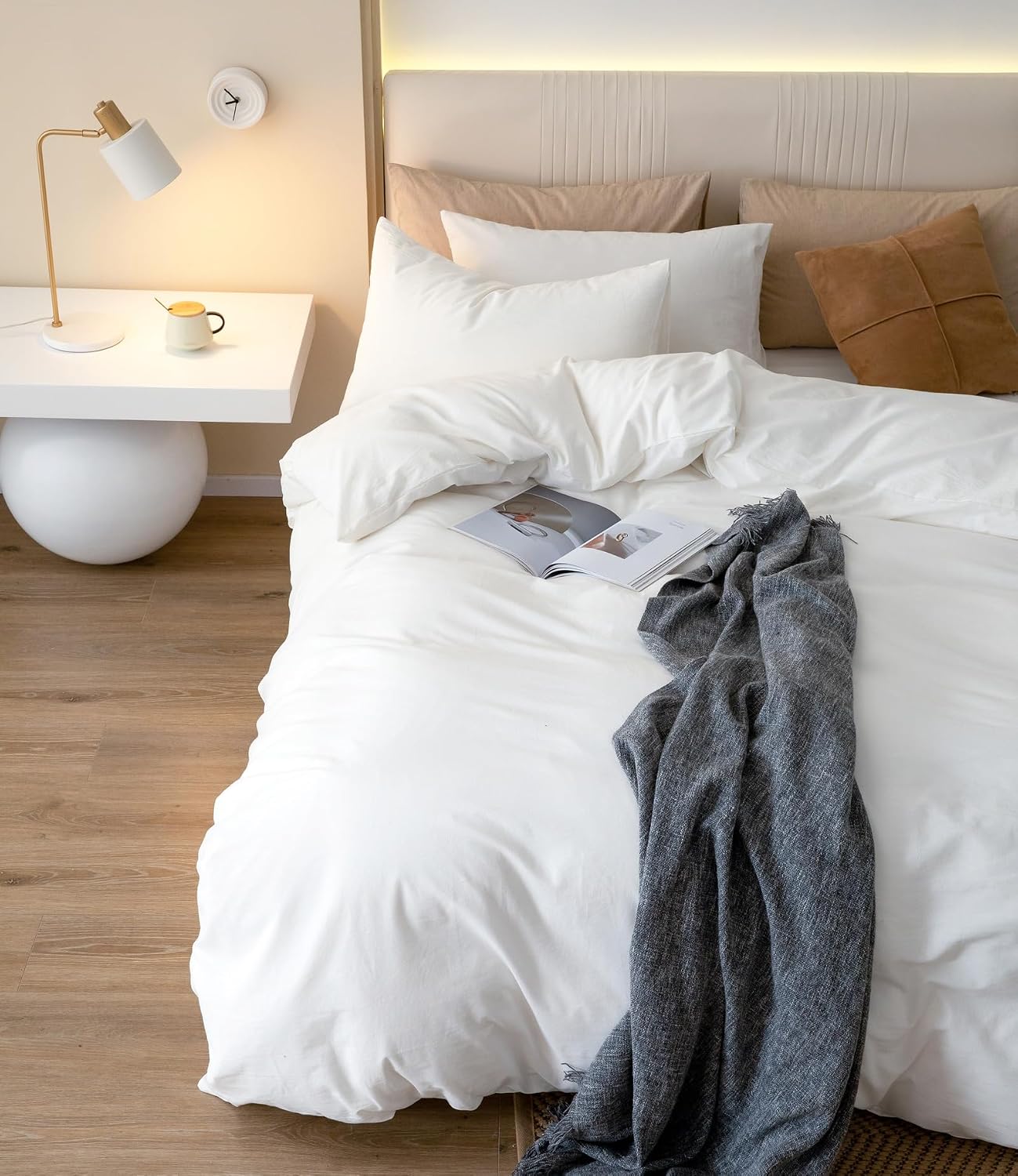 JIYUAN Oversized King Plus Duvet Cover Set, 3-Piece - 100% Washed Cotton, Linen-Like Soft & Breathable with Zipper Closure, Includes 128x120 Inch Cover & 2 Pillowcases, Solid Bright White