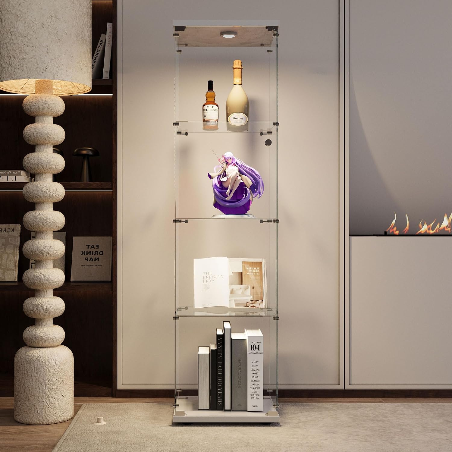 64.69' Tall Tempered Glass Display Cabinet with LED Lights, Curio Cabinet with 4 Shelves with 1 Door, Quick-Install Style Floor Standing Bookshelf File Cabinet for Living Room Office