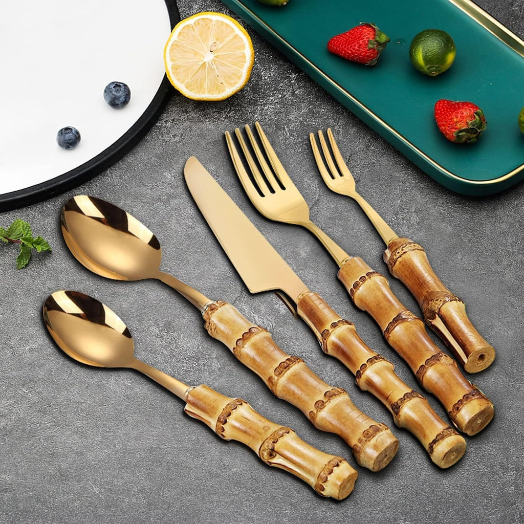 bamboo flatware sets, bamboo handle cutlery set, household kitchen utensil flatware sets for 4, recommend Hand Washing (20 pieces)