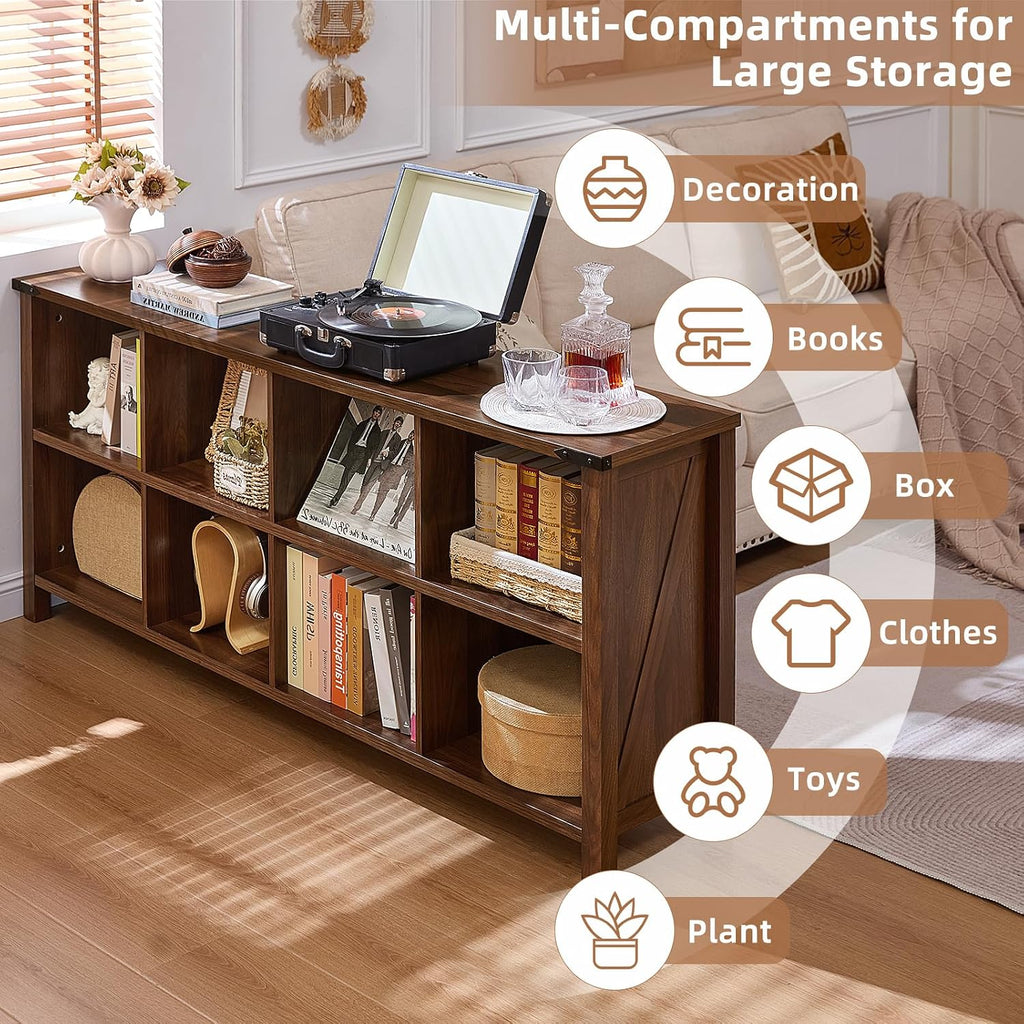Joaxswe 8 Cube Book Shelf, Farmhouse Wood Long Storage Organizer Bookcase, 62' Horizontal Brown Walnut Console Closet Bookshelf, Hallway TV Stand for Entryway, Display Cabinet Book Case for Office