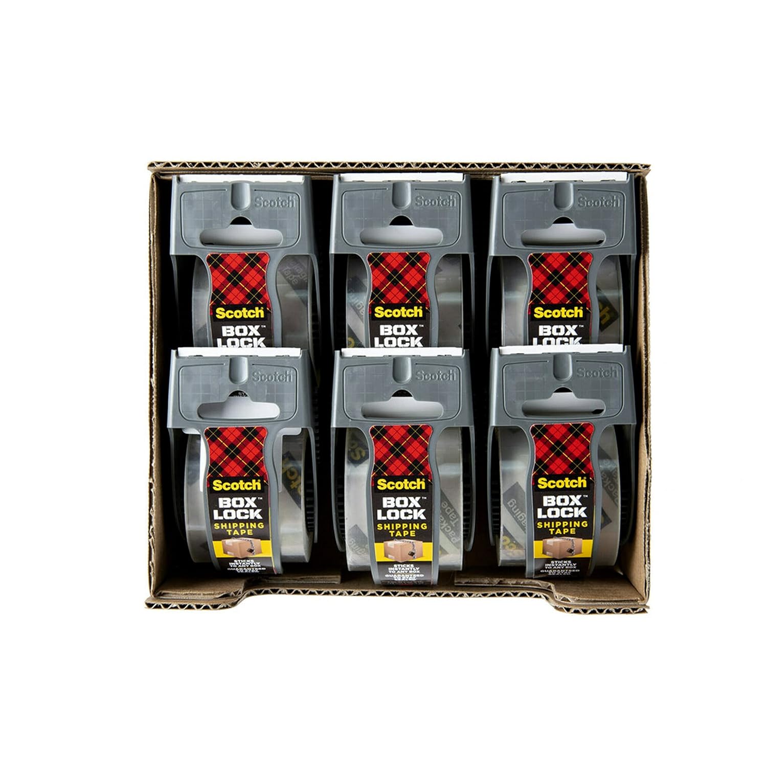 Scotch Box Lock Packing Tape,Clear,Extreme Grip Box Packaging Tape for Shipping and Mailing,1.88 in. x 22.2 yd.,6 Rolls with Dispensers,(Pack of 6)