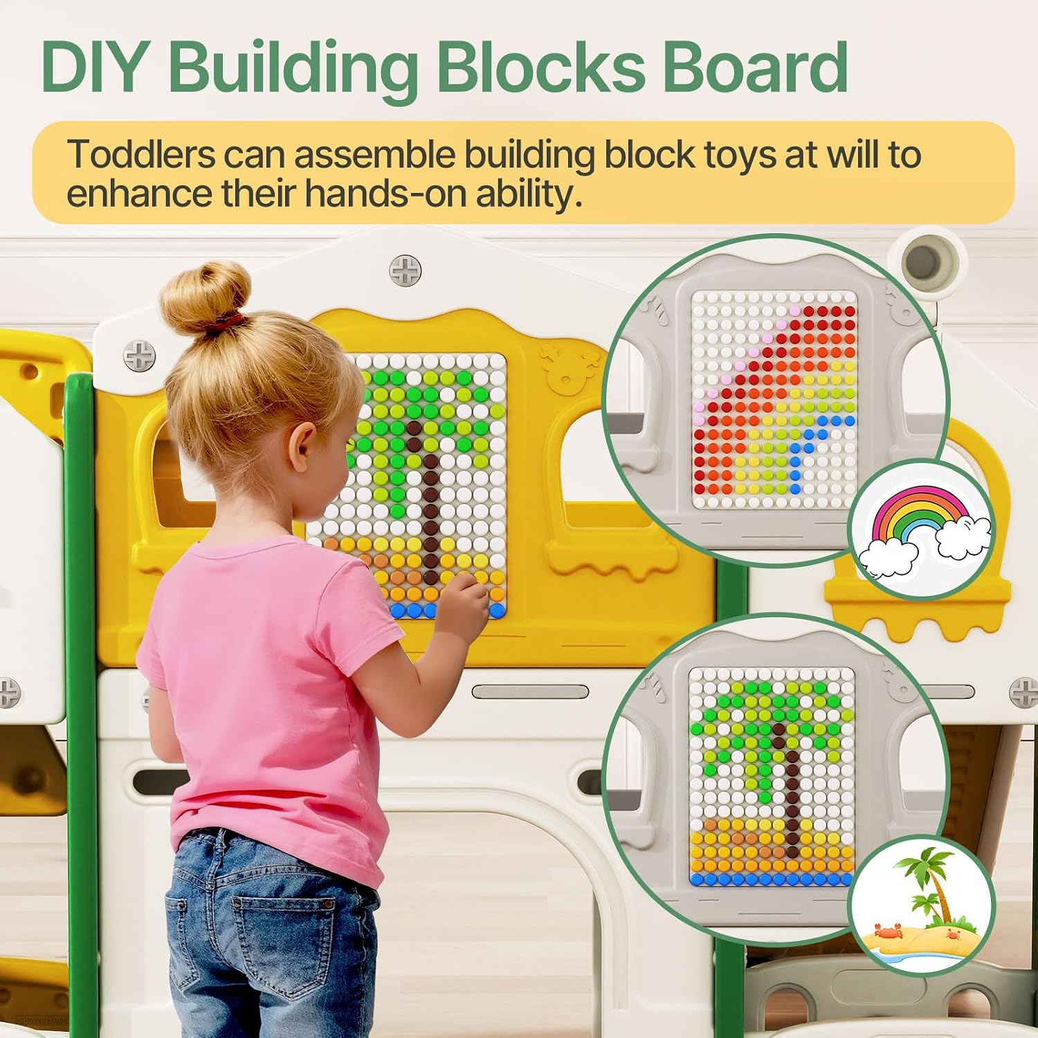 BIERUM 10 in 1 Toddler Slide Set - Baby Slide for Toddlers 1-3 with Colorful Lights, Drawing Board and Building Blocks Board, Indoor Outdoor Toddler Playset Playground, Green Yellow