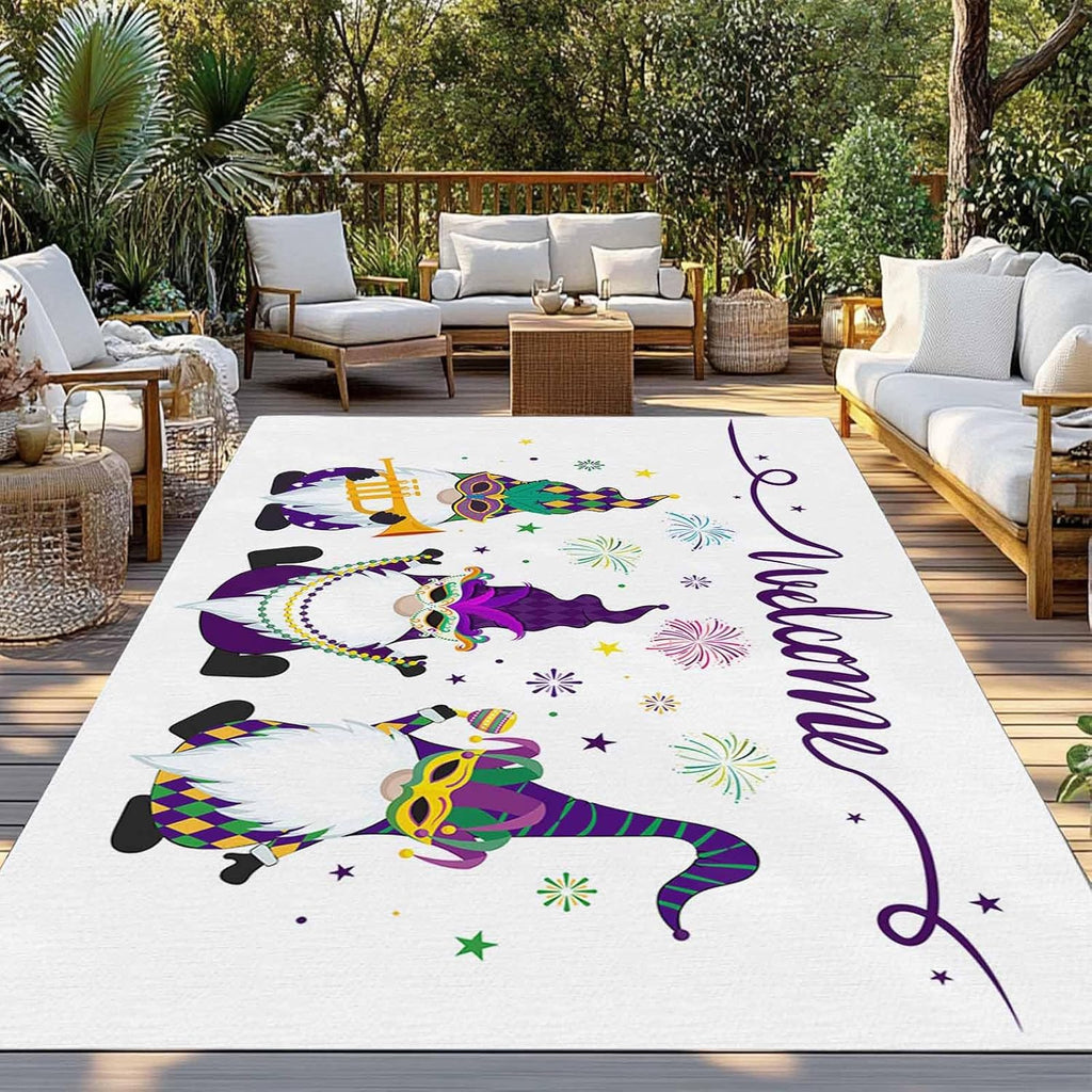 Outdoor Rug 4x6ft Carnival Festival Funny Gnomes Celebration Patio Area Rugs Waterproof Easy Cleaning Non Shedding Thick Mats White Carpet for Indoor Outdoor Porch Deck Backyard Balcony