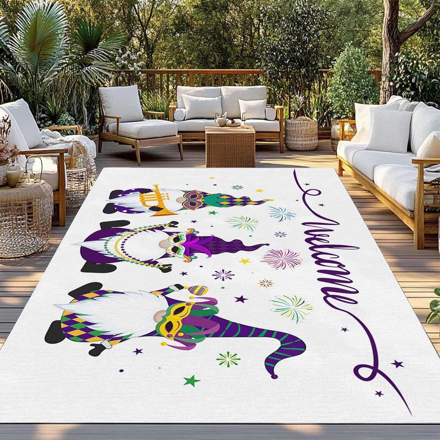 Outdoor Rug 4x6ft Carnival Festival Funny Gnomes Celebration Patio Area Rugs Waterproof Easy Cleaning Non Shedding Thick Mats White Carpet for Indoor Outdoor Porch Deck Backyard Balcony