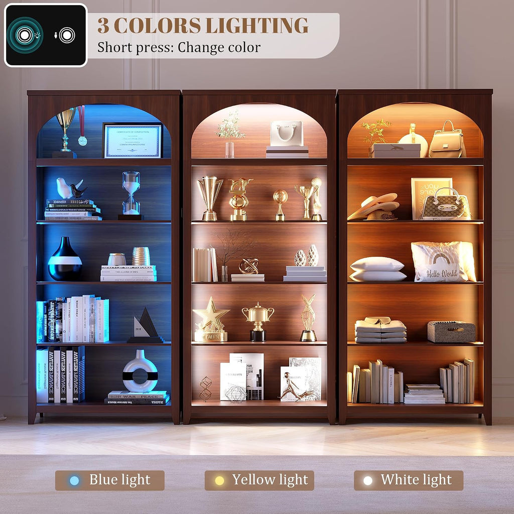 5-Tier LED Arched Bookshelf with Lights - 70'' Tall Bookcase with Storage, Floor Standing Modern Display Shelf for Living Room, Office, Study Room, Entryway, Ideal Gift, Walnut