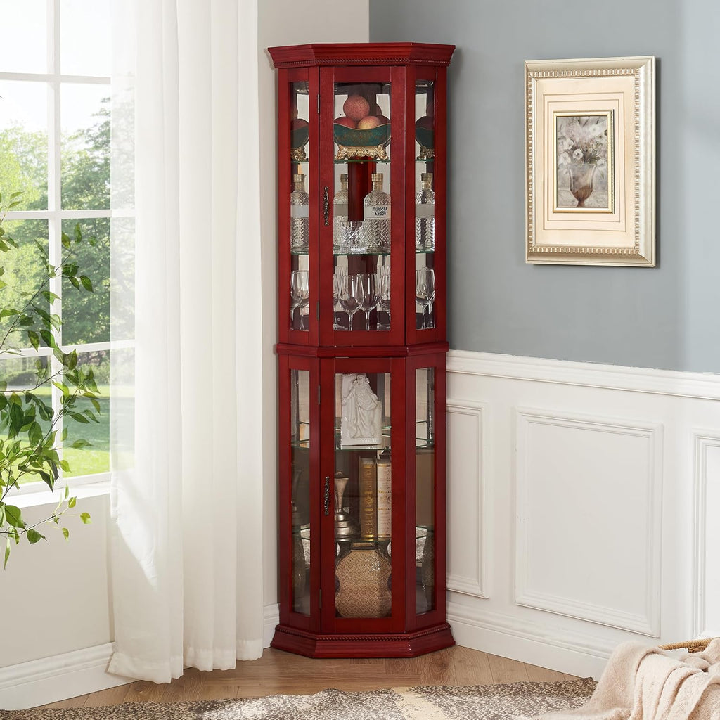 Ball & Cast 70' H Lighted Corner Curio Cabinet, Glass Display Cabinet with 6 Tempered Adjustable Glass Shelves and Doors,Include Light Bulb, Rack for Living Room,Cherry