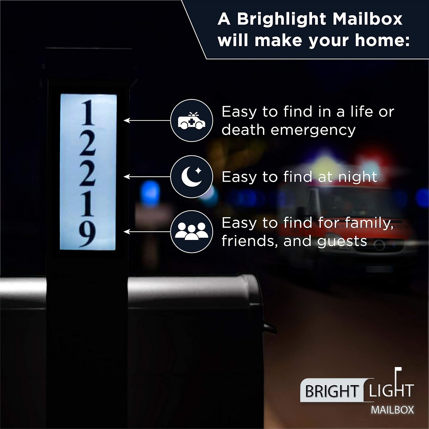 Premium Mailbox with Post & Solar Illuminated Custom Number Address | Aluminum Durable Post Design | Easily Direct Emergency Personnel, Family, and Friends Day & Night (Black)