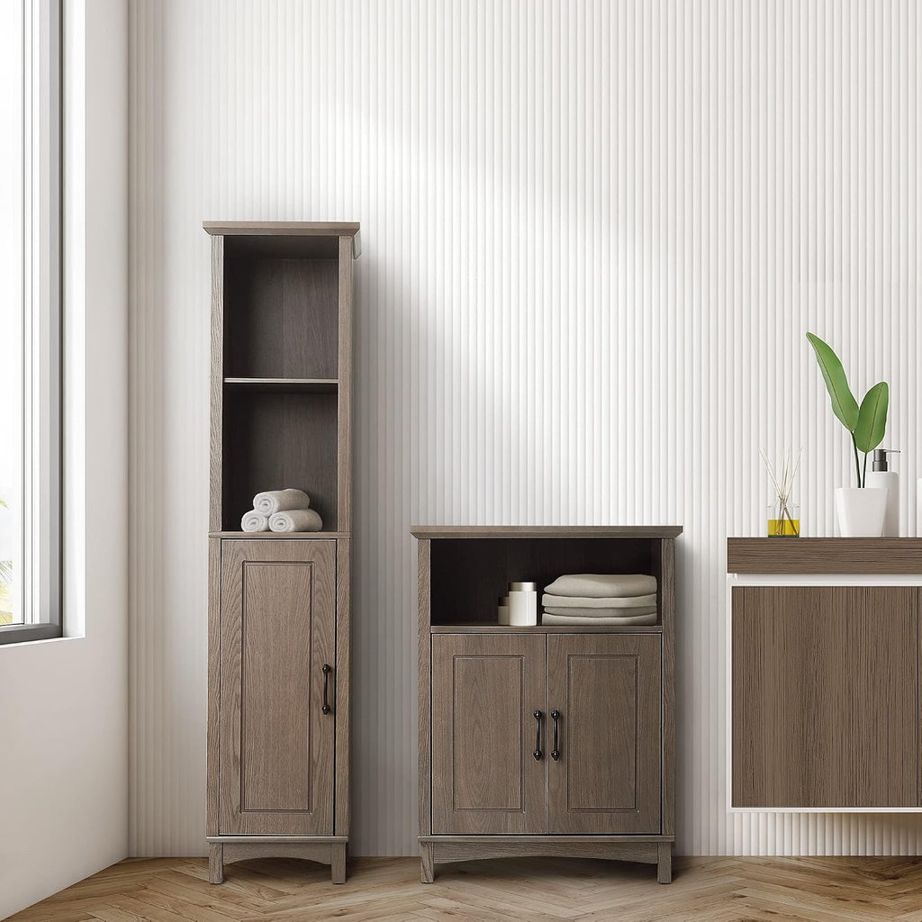 Teamson Home Russell Modern Farmhouse Linen Tower Storage Cabinet with Open Shelves, Salt Oak