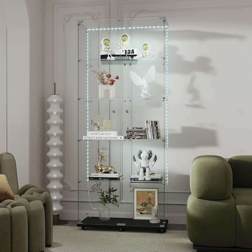 Modern Glass Display Cabinet 5-Shelf with LED Light, Lock and Wheels, 2 Door Curio Cabinets, Tempered Glass Collection Display Showcase for Living Room Home Office,Black
