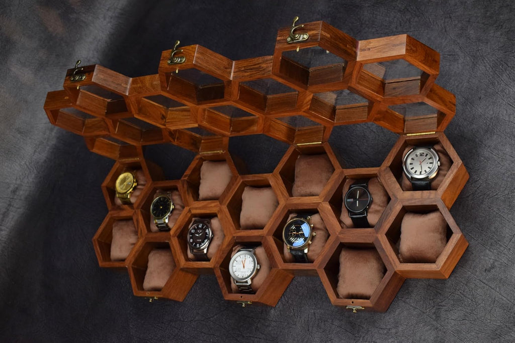 Royal Craft Expertise Hanging Wall Mounted Wooden Watch Box Organizer – 14 Slot Luxury Watch Case for Men & Women | Vintage Rosewood Honeycomb Design | Unisex Wooden Watch Storage Box