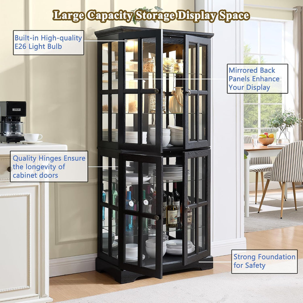 68' H Lighted Curio Display Cabinet Display Case,Wooden Glass Cabinet w/ 4 Adjustable Shelves & Glass Doors, 6 Tier Vintage Accent Storage Case w/Mirrored Back Pane for Home (Black)