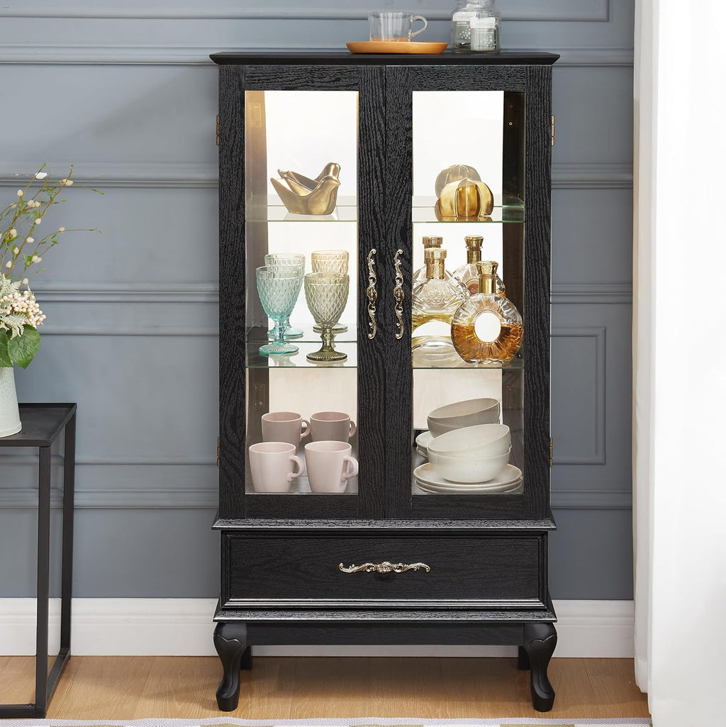 Glass Display Cabinet with Doors and Drawer, Lighted Curio Display Cabinet with Adjustable Glass Shelves and Mirrored Back Panel, Retro Floor Standing Storage Cabinets for Living Room, Black