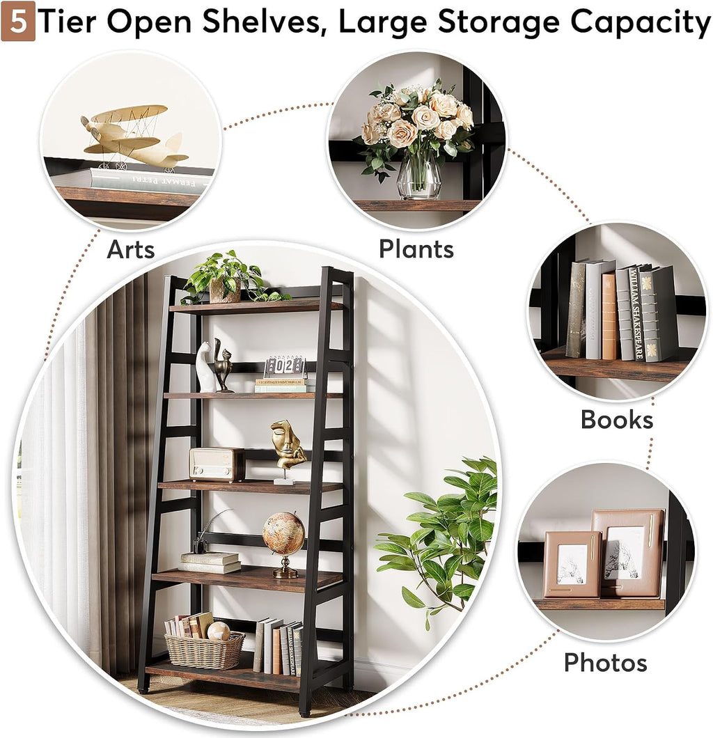 Tribesigns 5-Tier Bookshelf Industrial Bookcase, 5 Shelf Ladder Shelf Book Storage Shelf Organizer for Living Room, Home Office