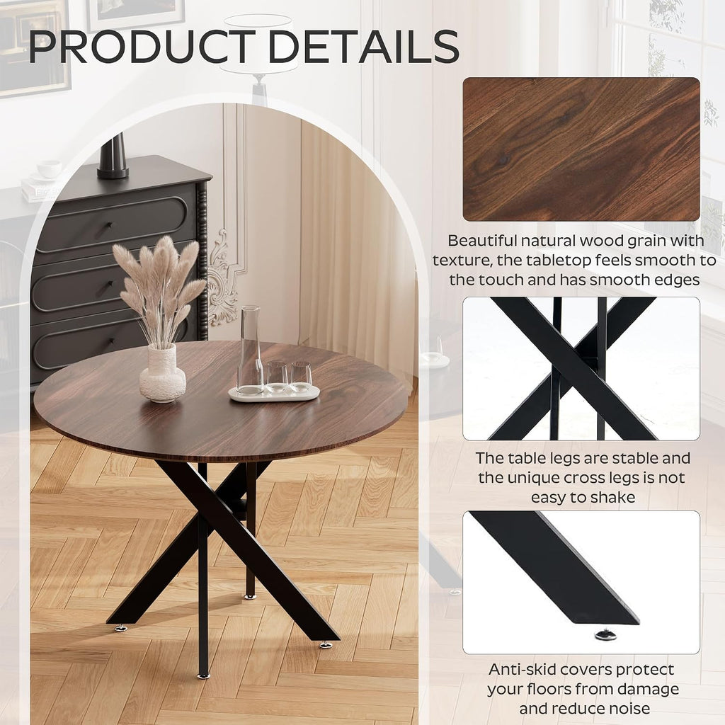 RGZ 36' Round Table Set for 4, 5 PCS Modern Wooden Circle Dining Table for 2-4, Walnut Round Dining Table with Steel Legs & 4 Black Velvet Upholstered Chairs for Dining Room, Living Room, Kitchen