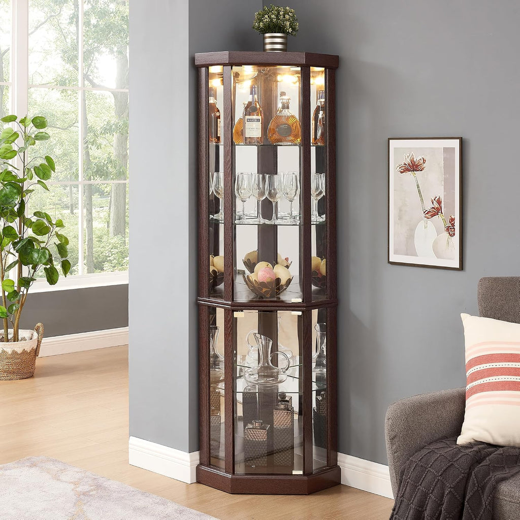 69' H Lighted Curio Cabinet Corner Display Case,Corner Glass Cabinets with Tempered Glass Door and Adjustable Shelves,Wooden Curio Cabinet with Mirrored Back Pane (Style 1 - Dark Cherry)