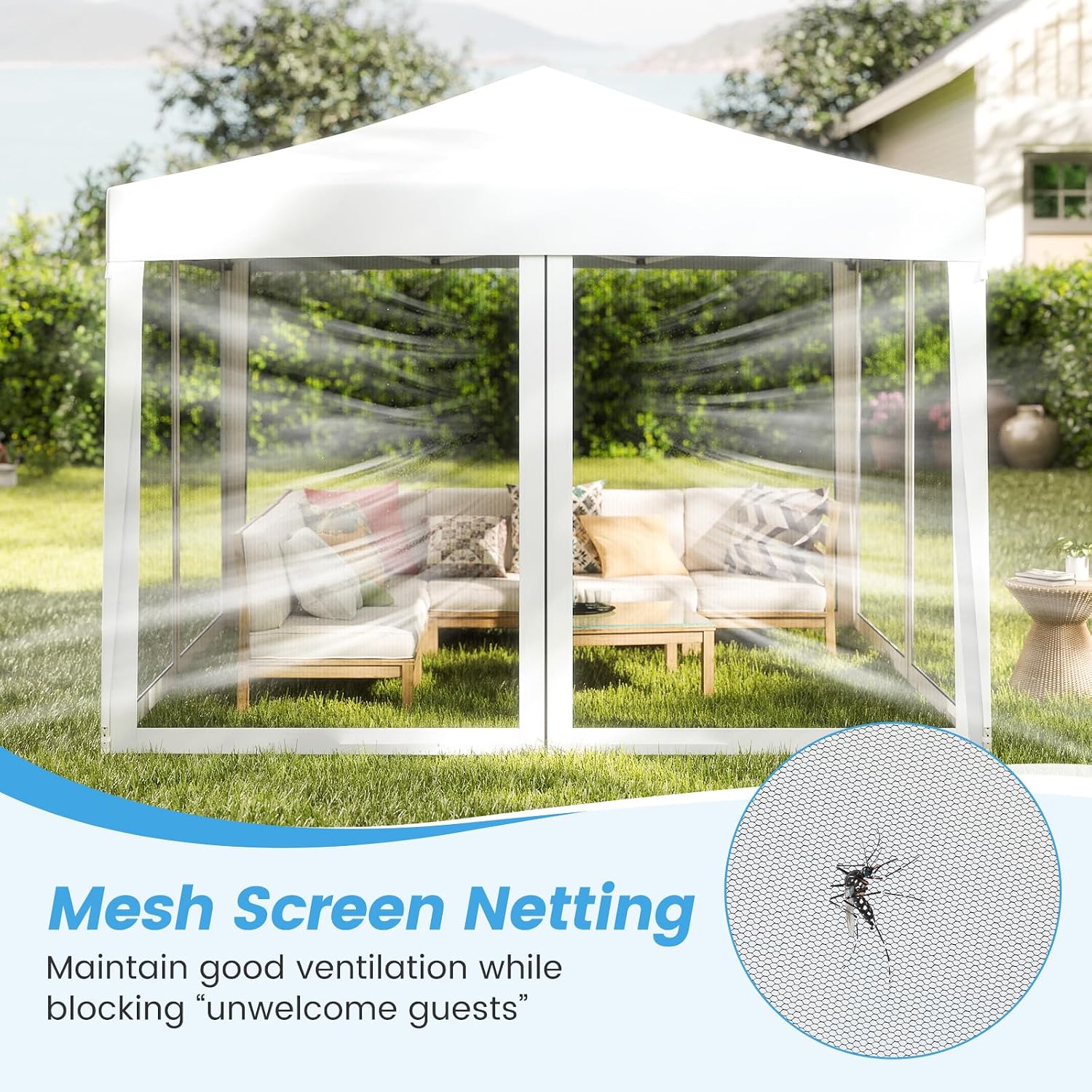 Tangkula 10x10 Ft Pop Up Canopy with Netting, Easy Up Outdoor Tent with Mesh Sidewalls, Carrying Bag, Adjustable Height, Portable Canopy Tent for Parties Events Camping Travel