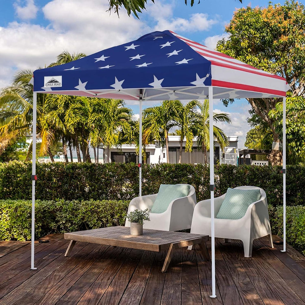 EAGLE PEAK Pop Up Canopy Tent with Wheeled Carry Bag, 8 Stakes, 4 Ropes, Easy Set Up Tent Canopy, 6.6x6.6 ft, American Flag