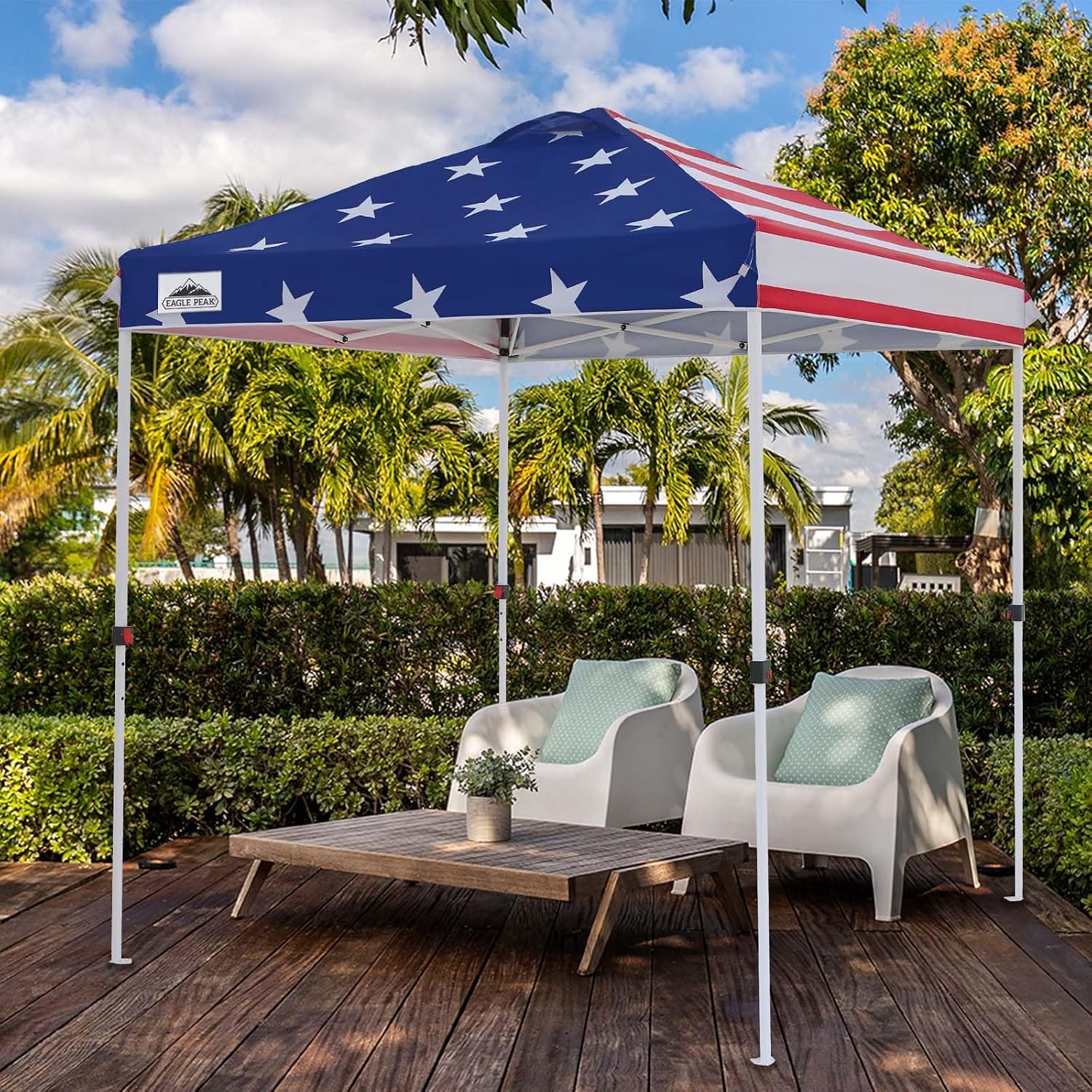 EAGLE PEAK Pop Up Canopy Tent with Wheeled Carry Bag, 8 Stakes, 4 Ropes, Easy Set Up Tent Canopy, 6.6x6.6 ft, American Flag