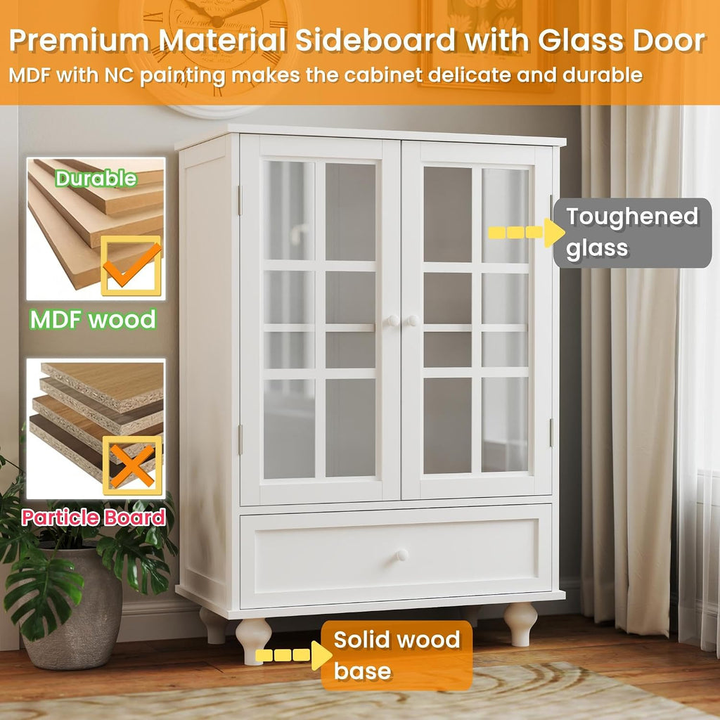 KEIKI Sideboard Buffet Cabinet with Glass Doors and Drawer, Wooden Storage Cabinet with Adjustable Shelf Modern Display Cabinet Cupboard for Living Room, Dining Room, Kitchen, Hallway, White