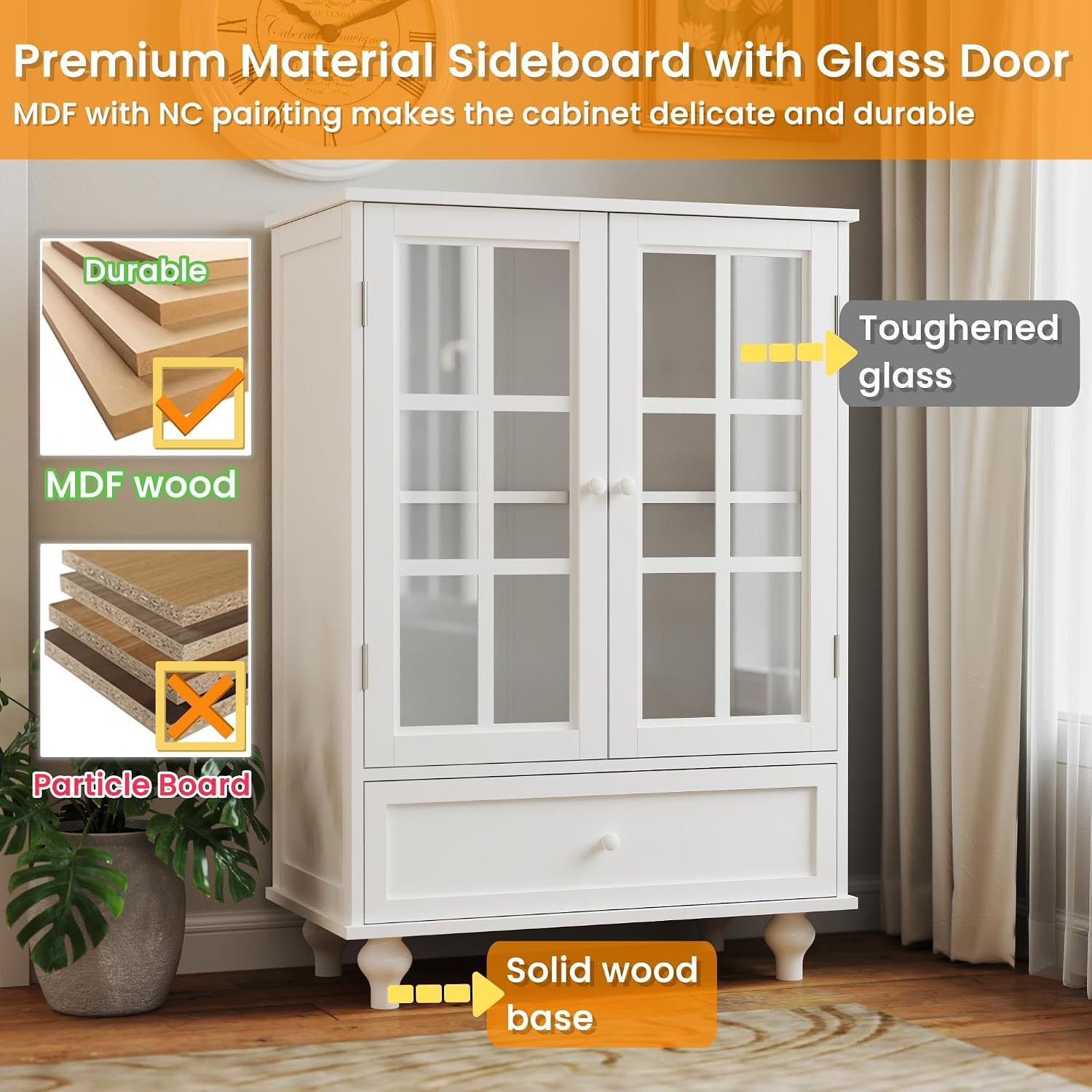 KEIKI Sideboard Buffet Cabinet with Glass Doors and Drawer, Wooden Storage Cabinet with Adjustable Shelf Modern Display Cabinet Cupboard for Living Room, Dining Room, Kitchen, Hallway, White