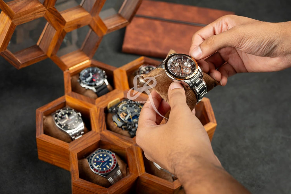 Royal Craft Expertise 7-Slot Honeycomb Wooden Watch Box – Handcrafted Indian Rosewood Timepiece Display Case | Unique Multipurpose Design with Glass Lid – Luxury Gift for Him