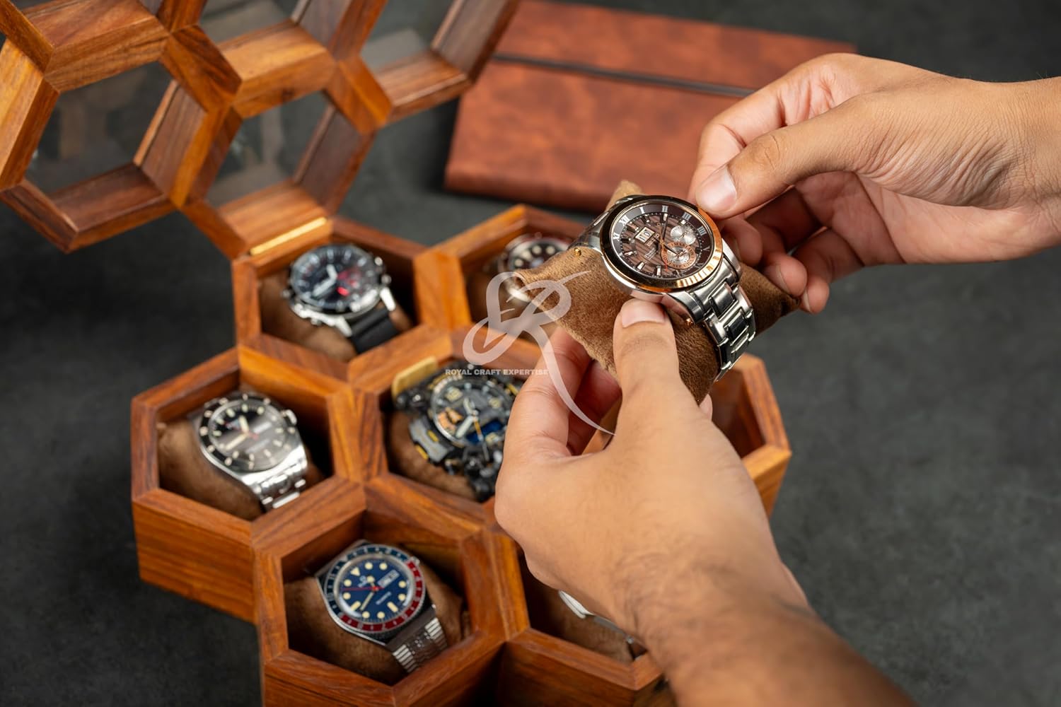 Royal Craft Expertise 7-Slot Honeycomb Wooden Watch Box – Handcrafted Indian Rosewood Timepiece Display Case | Unique Multipurpose Design with Glass Lid – Luxury Gift for Him