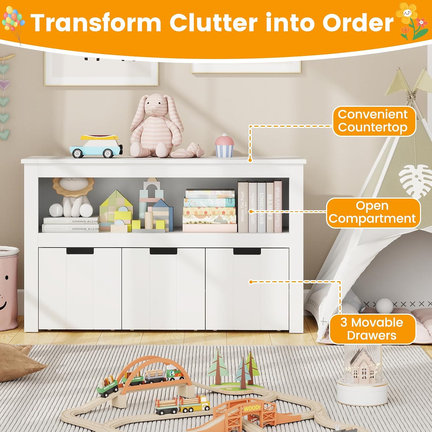 HONEY JOY Kids Toy Storage Organizer, Children Daycare Shelf, 3 Wooden Toy Box w/Wheels, Toddler Classroom Display Cabinet for Playroom, Nursery, Kindergarten (White)