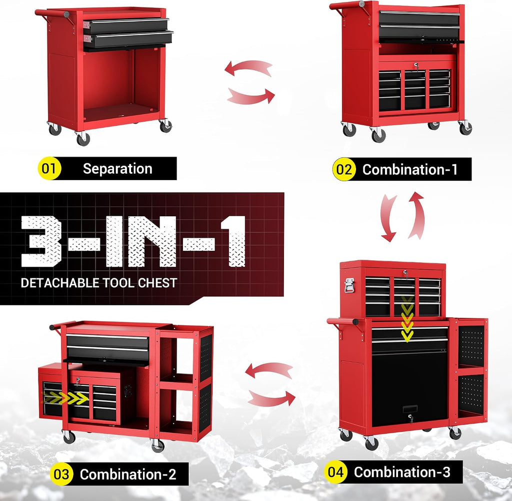 Metal Tool Chest, 8 Drawer Rolling Tool Chest with Wheels, Assembled Tool Storage Cabinet with Locking, Sliding Drawers & Detachable Top Tool Box, for Repair Room Warehouse Garage Workshop, Red