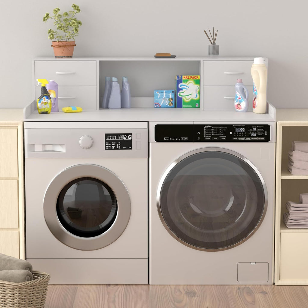 Unionly Washer and Dryer Countertop, 27.5' D x 53.9' W x 12.9' H Solid Wood Washer and Dryer Countertop with Organizer Shelves with Four Drawers for Laundry Room Organization (White)