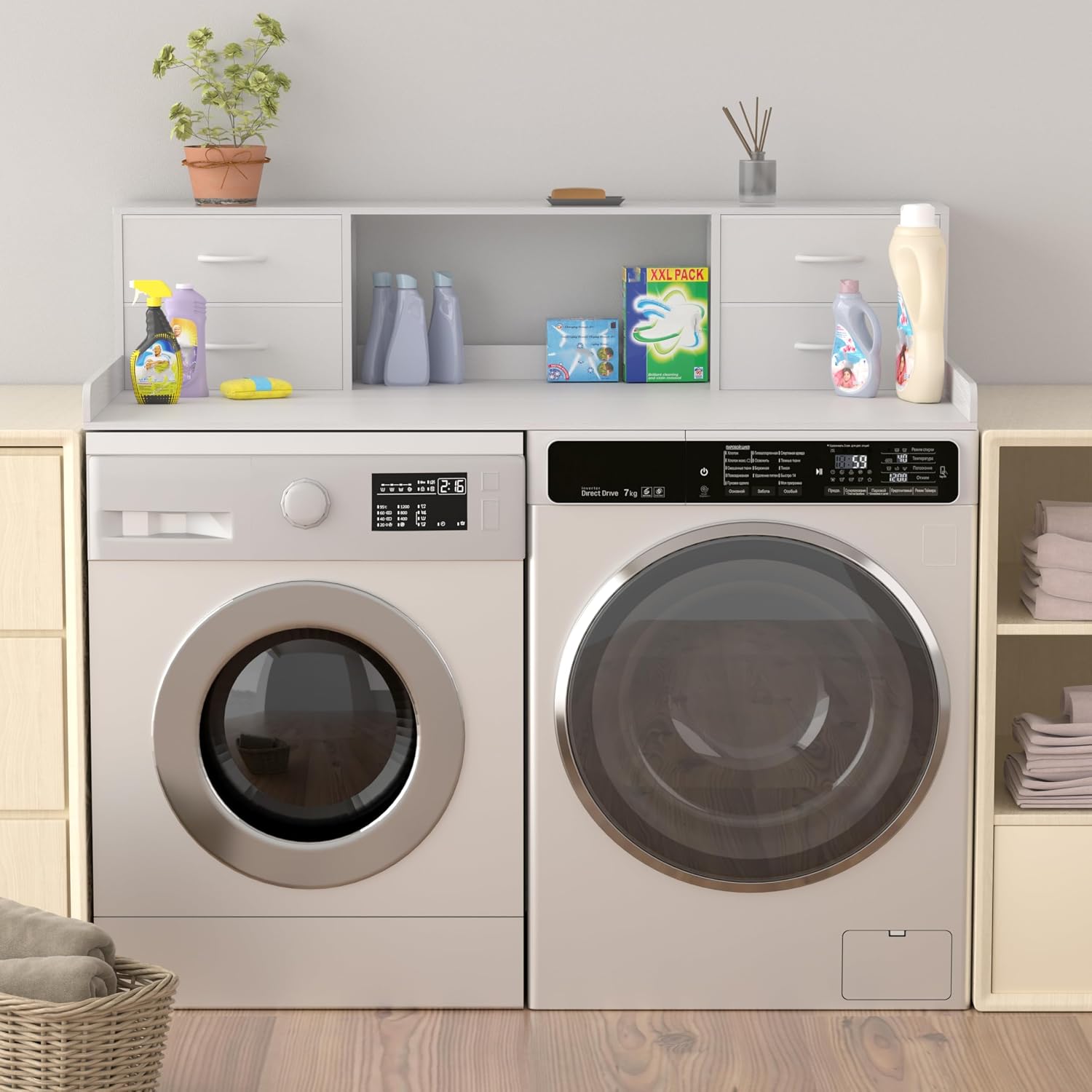 Unionly Washer and Dryer Countertop, 27.5' D x 53.9' W x 12.9' H Solid Wood Washer and Dryer Countertop with Organizer Shelves with Four Drawers for Laundry Room Organization (White)