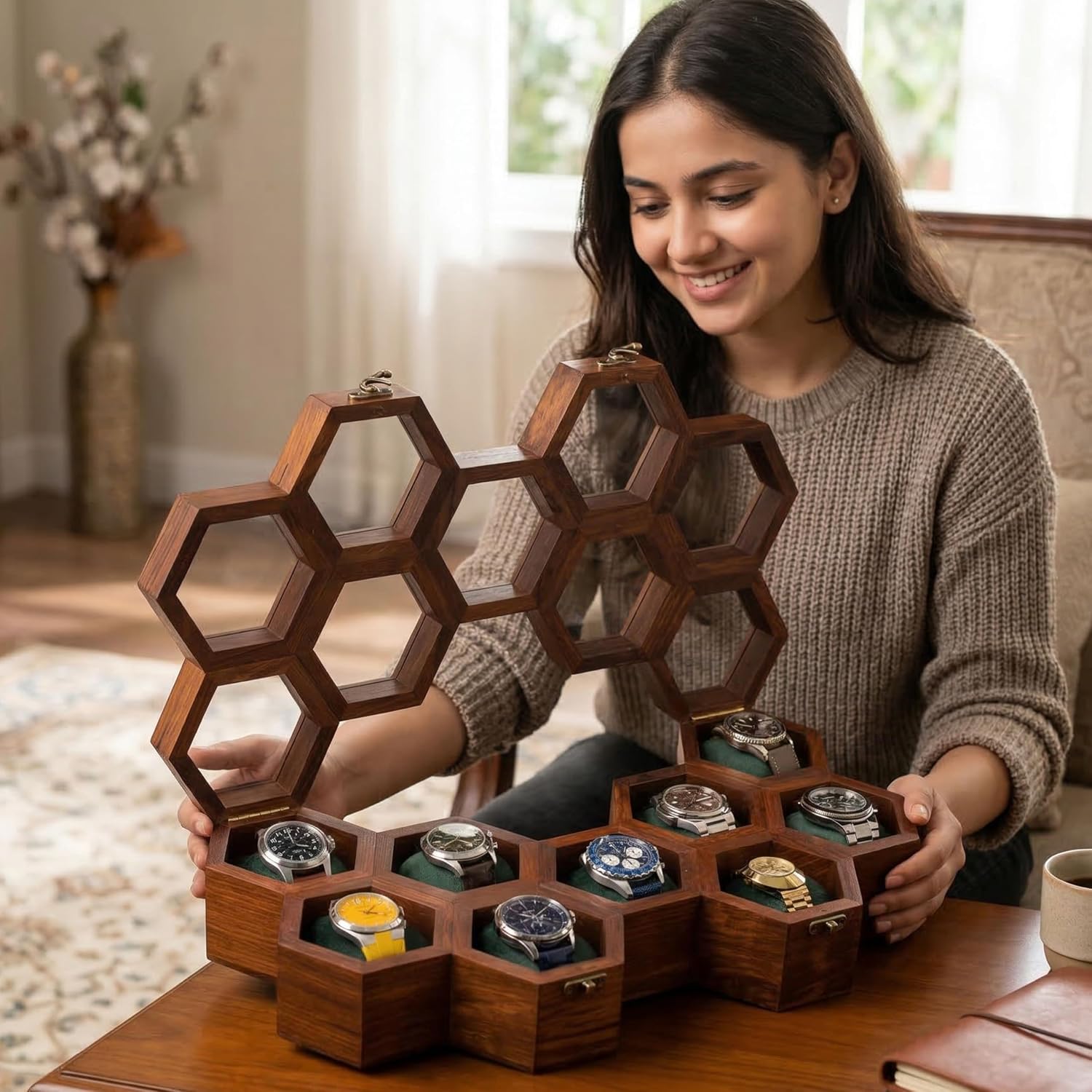 Wooden Watch Box Organizer for Men – 9 Slot Luxury Honeycomb Watch Case | Dark Rosewood Wood & Glass Display Box | Elegant Wooden Timepiece Display Case Boxes for Men – Luxury Gift for Him